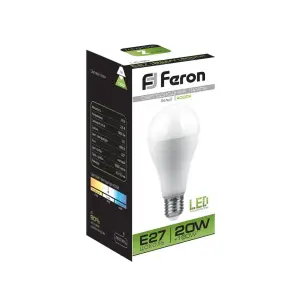 Лампа светодиодная 20Вт E27 230В 4000K 1800Лм (белый) Шар матовый (А65) Feron, LB-98