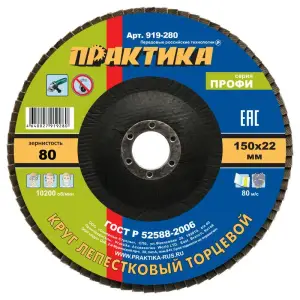 Круг лепестковый торцевой 150х22 мм, Р 80, КЛТ1, серия Профи, ПРАКТИКА