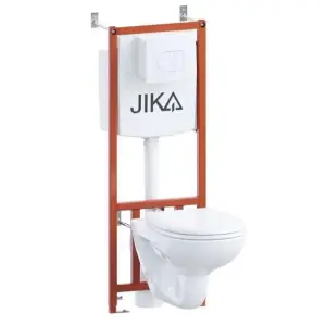 Унитаз подвесной JIKA DINO с инсталляцией, сиденьем дюропласт, петли хром, клавиша смыва белая