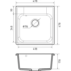 Мойка кварцевая ЭкоМ 4848 1-чаша 480*480мм цвет черный, арт.4848 черный