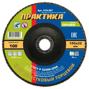 Круг лепестковый торцевой 150х22 мм, Р100, КЛТ1, серия Профи, ПРАКТИКА