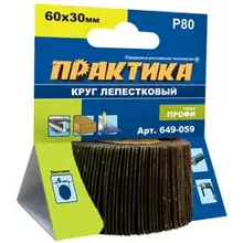 Круг лепестковый веерный с оправкой 60х30мм, P 80, хвостовик 6 мм, серия Профи, ПРАКТИКА