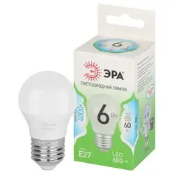 Лампа светодиодная 6Вт E27 220В 4000К 600Лм (белый) Шарик (P45) ЭРА, GREEN LINE LED P45-6W-840-E27 GL